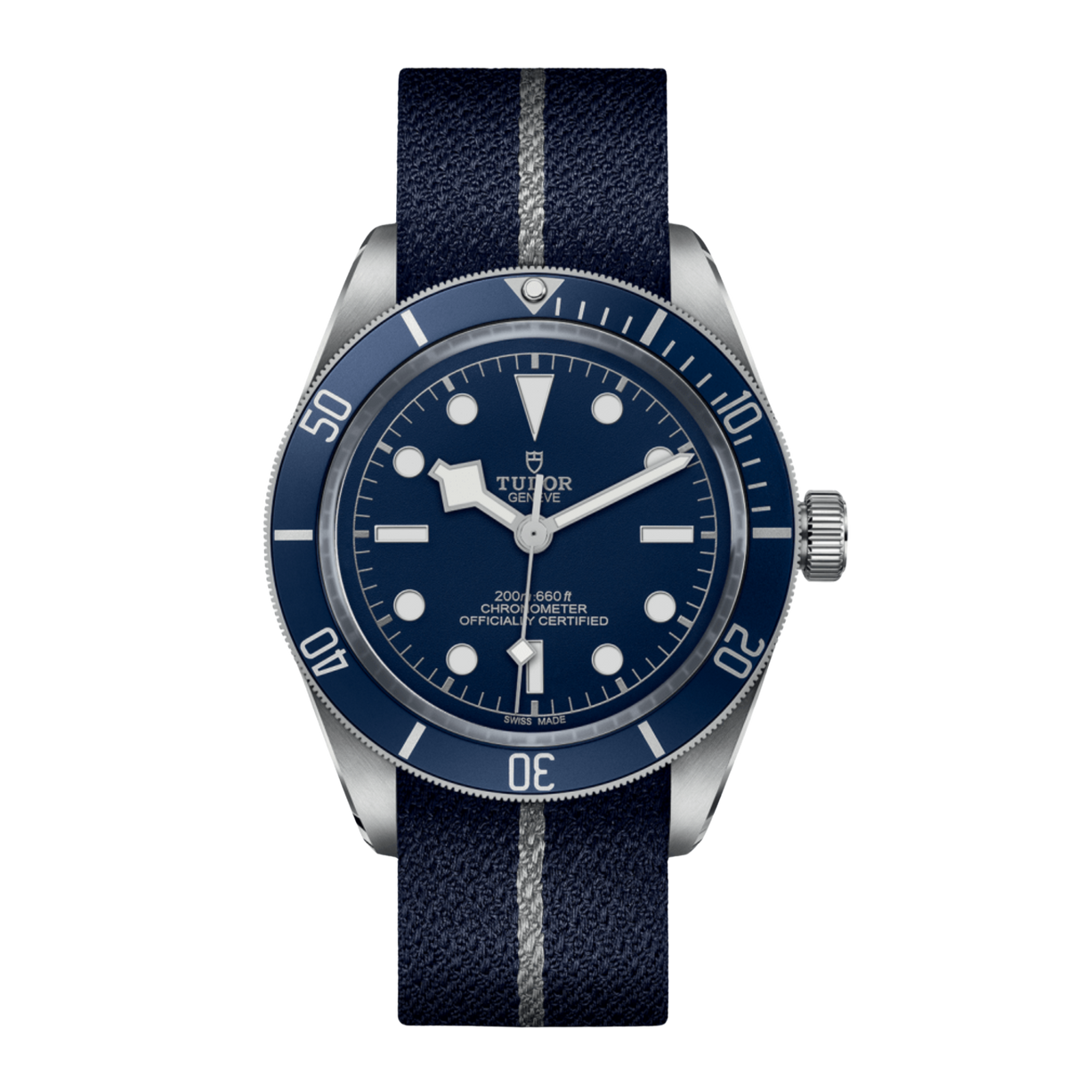 Tudor stainless steel dive watch with blue dial, luminous hour markers and blue unidirectional bezel on fabric strap