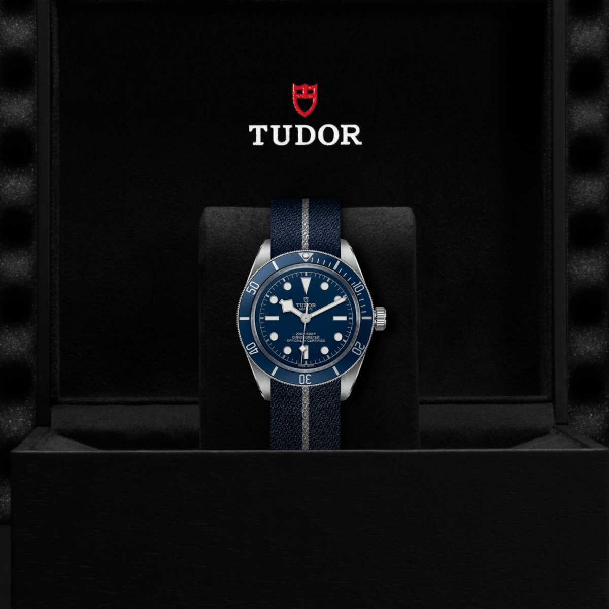Tudor watch positioned on its side highlighting the case thickness, blue bezel edge and screw-down crown detail