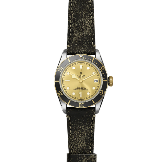 full view of Tudor Black Bay watch showing the full leather strap and robust case profile