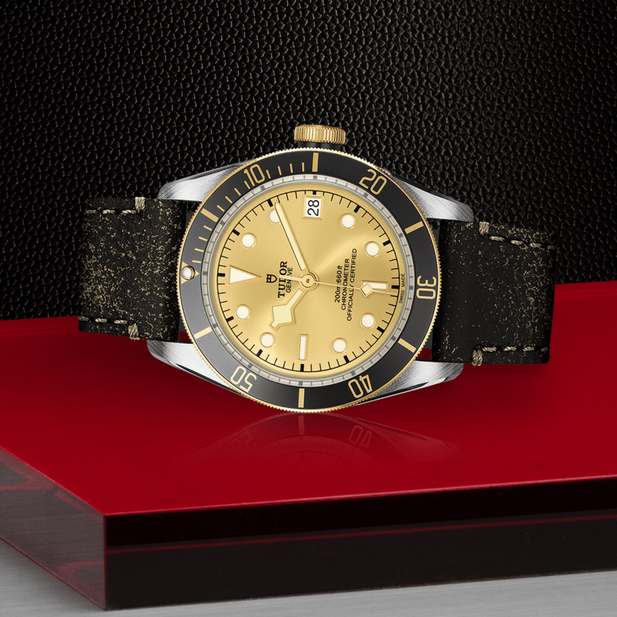 Tudor Black Bay watch positioned on its side highlighting the case thickness, rotating bezel and screw-down crown