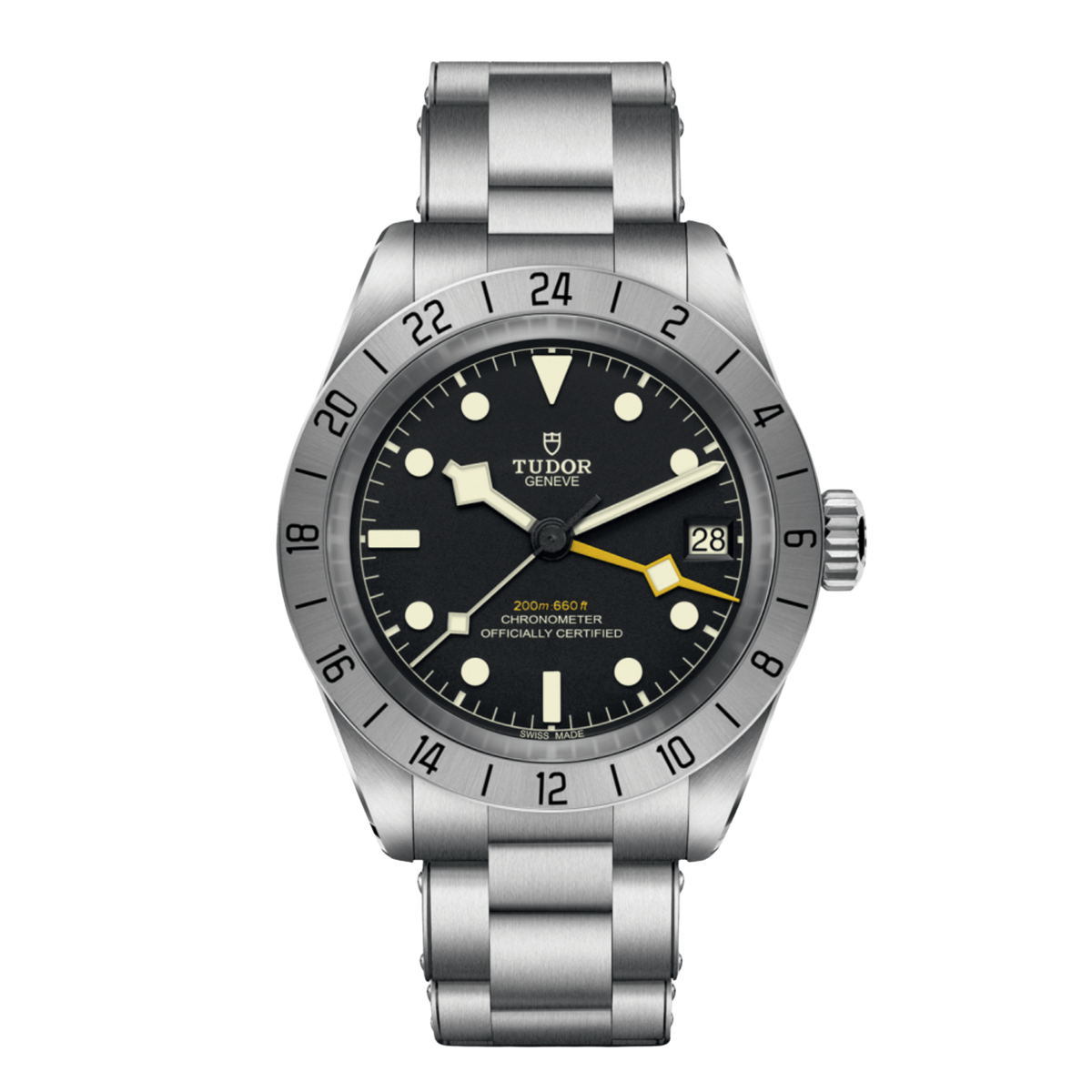 Tudor GMT watch with black dial, fixed 24-hour steel bezel, yellow GMT hand and stainless steel bracelet
