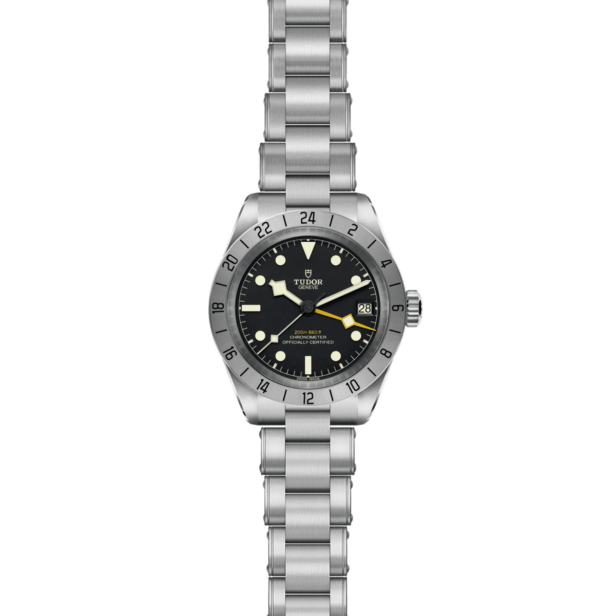full view of Tudor GMT watch showing the complete stainless steel bracelet and balanced case proportions