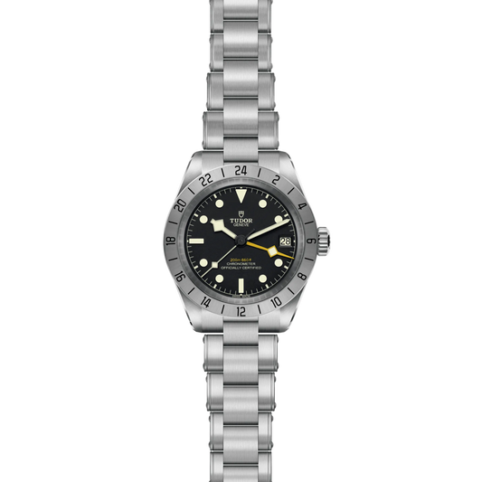 full view of Tudor GMT watch showing the complete stainless steel bracelet and balanced case proportions