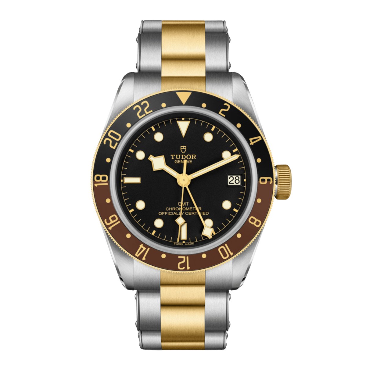 Tudor Black Bay GMT two-tone metal watch with black dial.