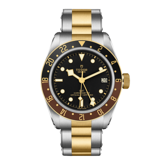 Tudor Black Bay GMT two-tone metal watch with black dial.
