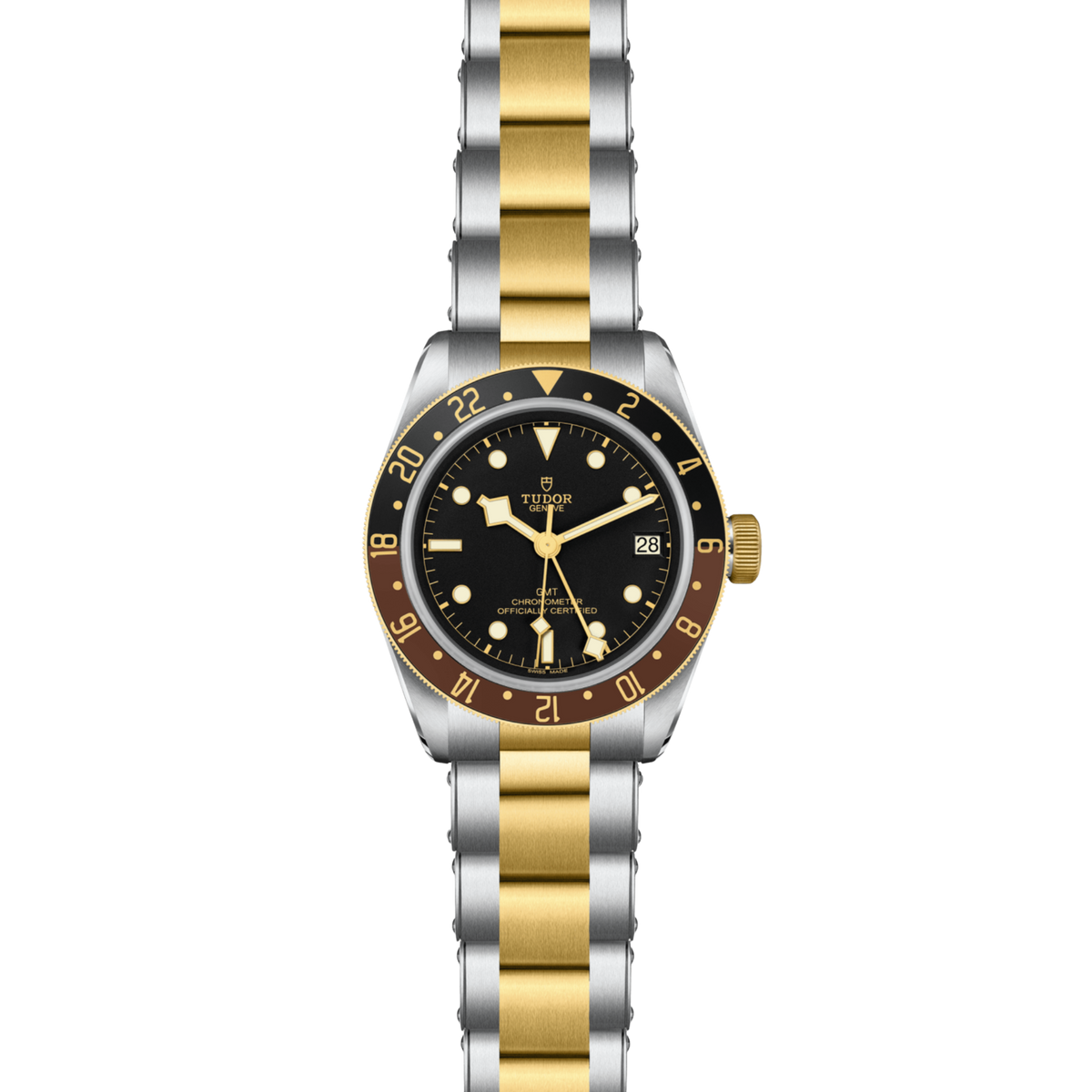 Two-tone watch with gold and silver band on a white background