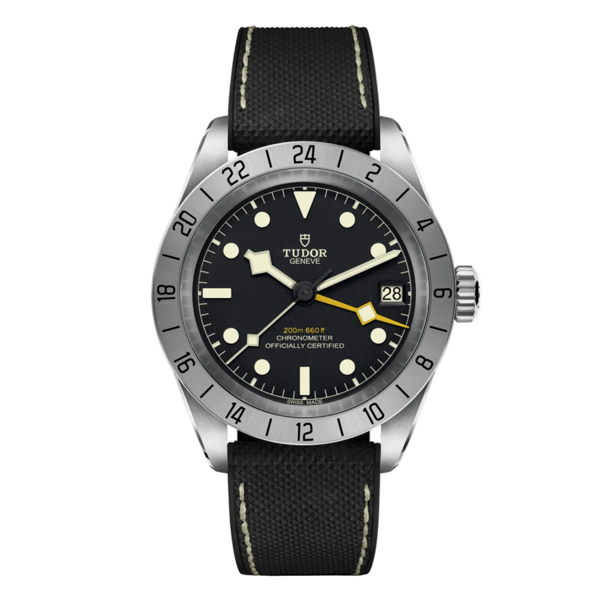 Tudor GMT watch with black dial, fixed 24-hour steel bezel, yellow GMT hand and black fabric strap