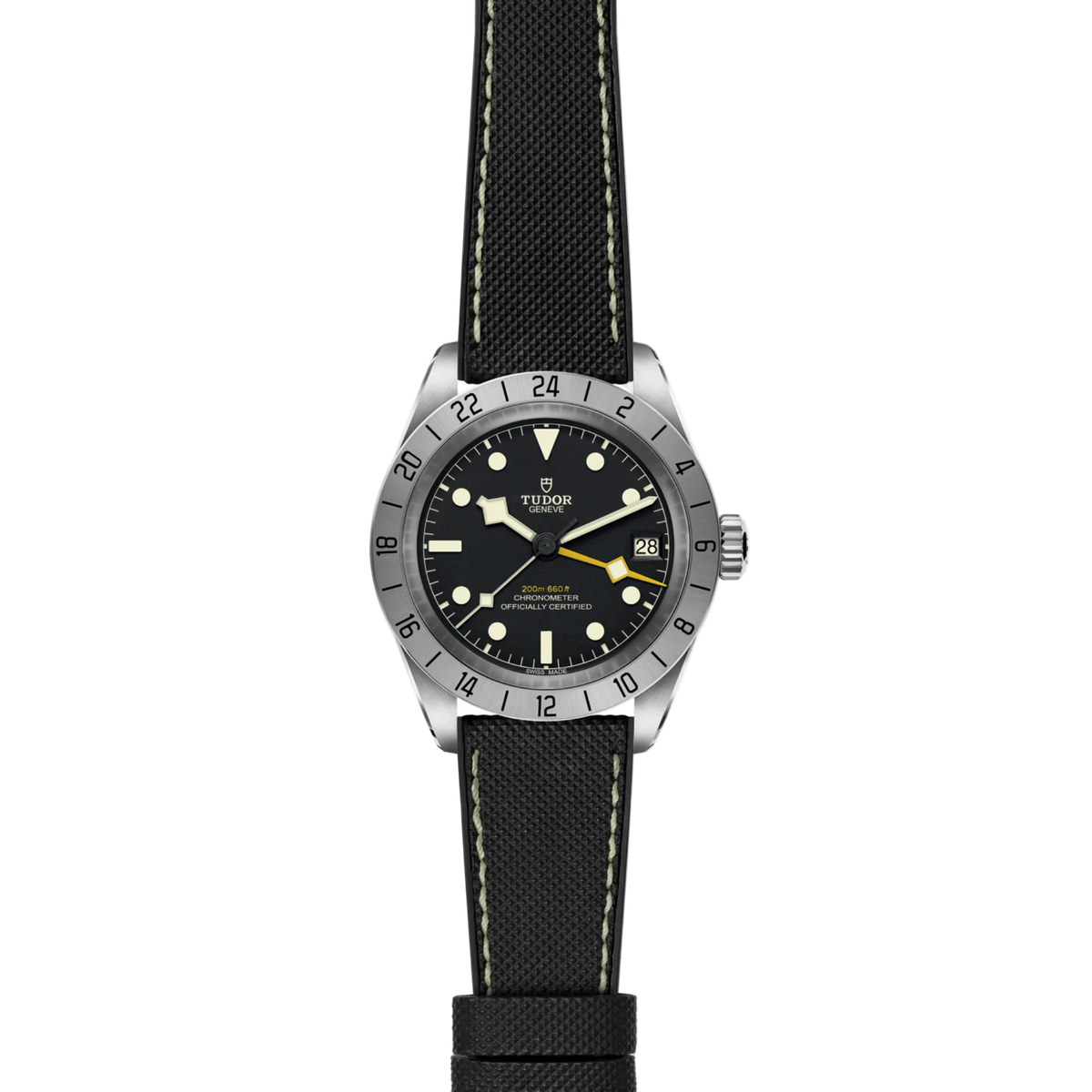 full view of Tudor GMT watch showing the full fabric strap and clean, versatile case profile