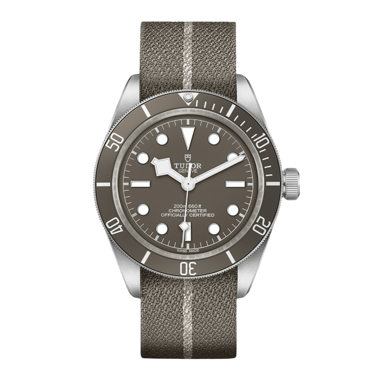 Tudor stainless steel dive watch with taupe dial, luminous hour markers and matching unidirectional bezel on fabric strap