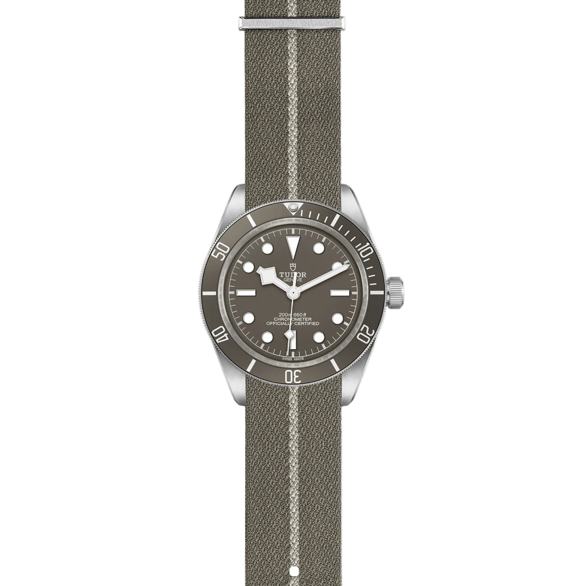 full view of Tudor watch showing the complete taupe fabric strap and rugged case profile