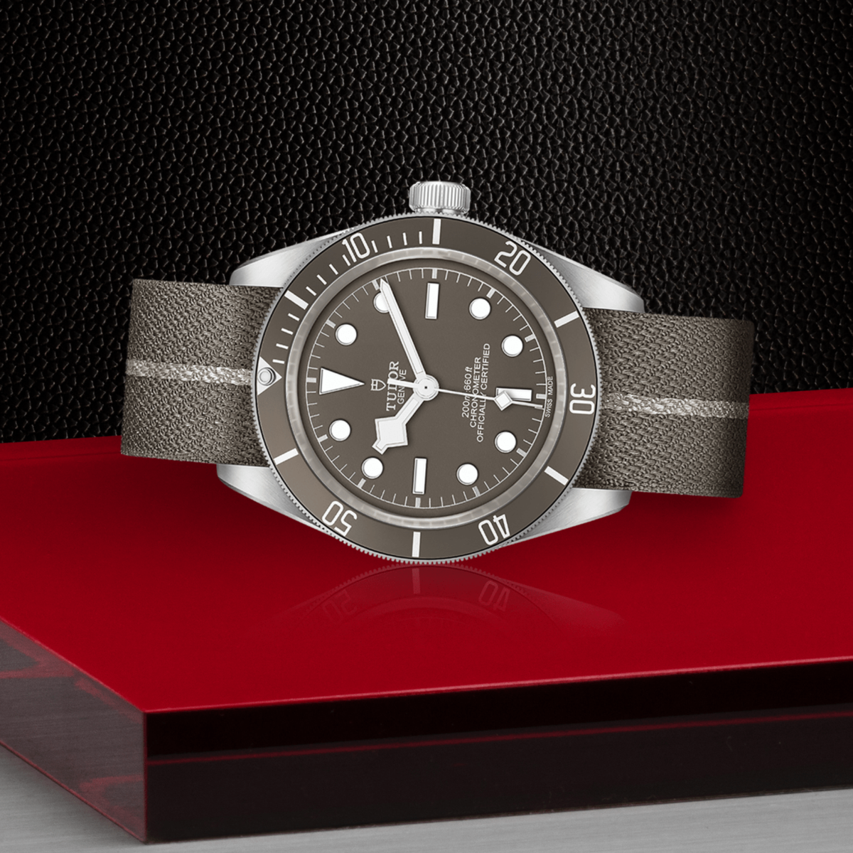 Tudor watch positioned on its side highlighting the case thickness, bezel edge and screw-down crown detail