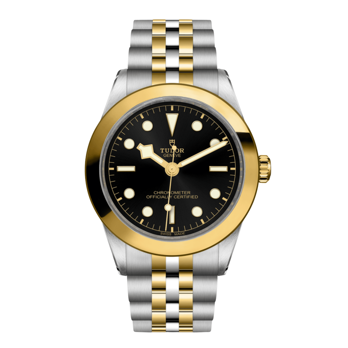 Tudor Black Bay One watch with black dial, smooth yellow gold bezel and steel and yellow gold bracelet