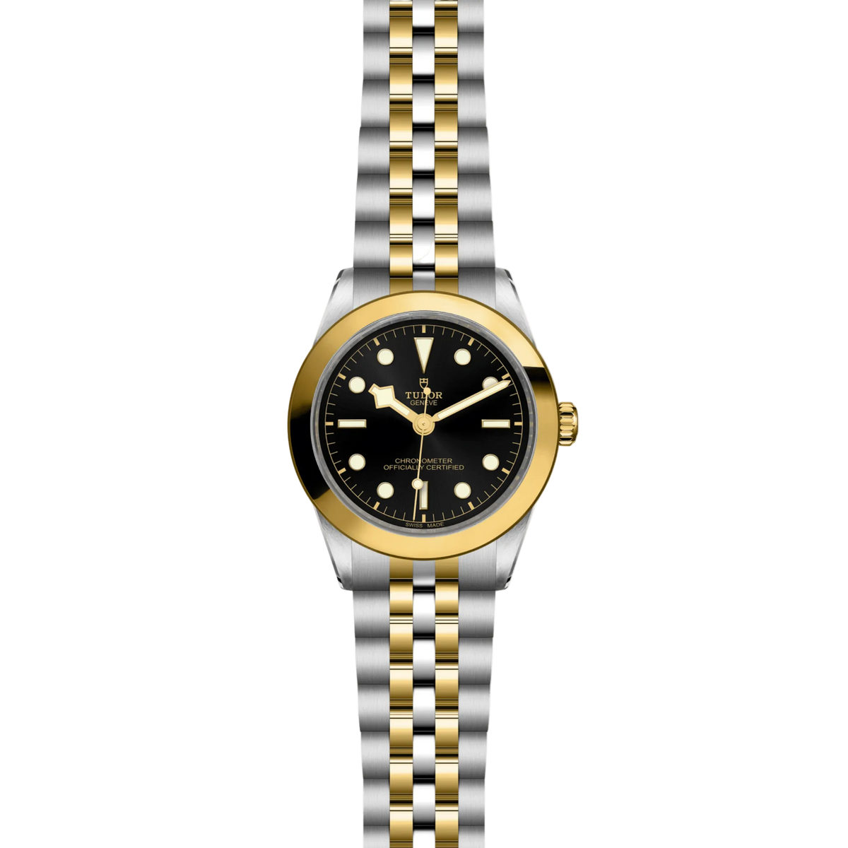 full view of Tudor Black Bay One watch showing the full two-tone bracelet and balanced case proportions