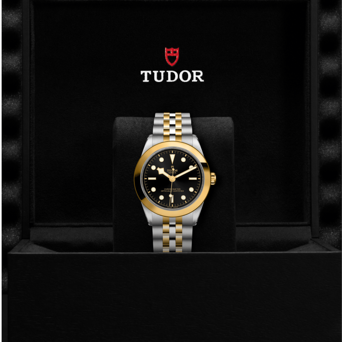 Tudor Black Bay One watch displayed in its presentation box showcasing the premium packaging and interior finish