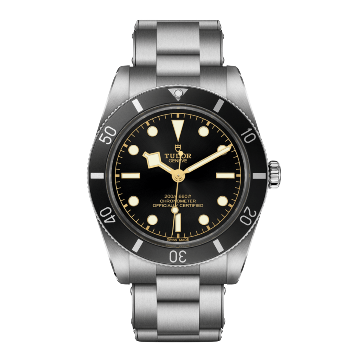 Tudor stainless steel dive watch with black dial, gold-tone accents, luminous hour markers and black unidirectional bezel
