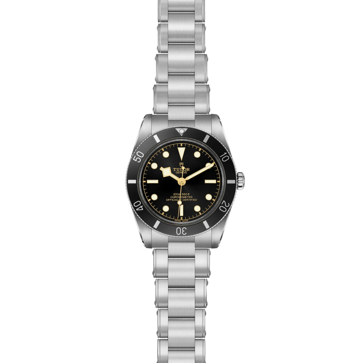 full view of Tudor watch showing the complete stainless steel bracelet and solid, balanced case profile