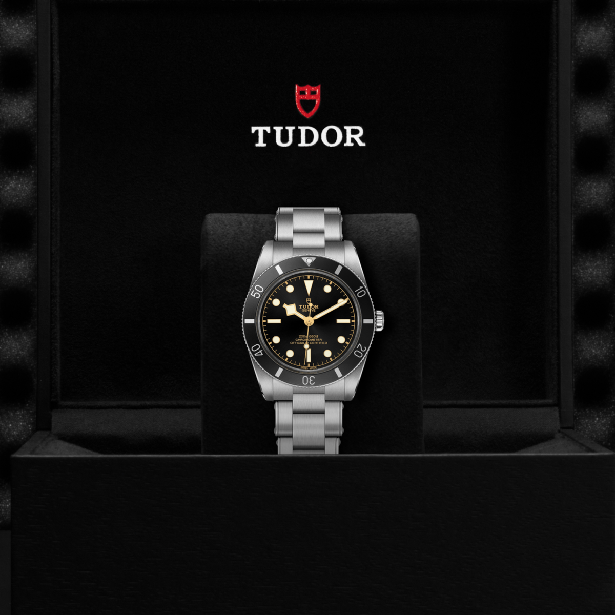 Tudor watch displayed in its presentation box showcasing the premium packaging and interior finish