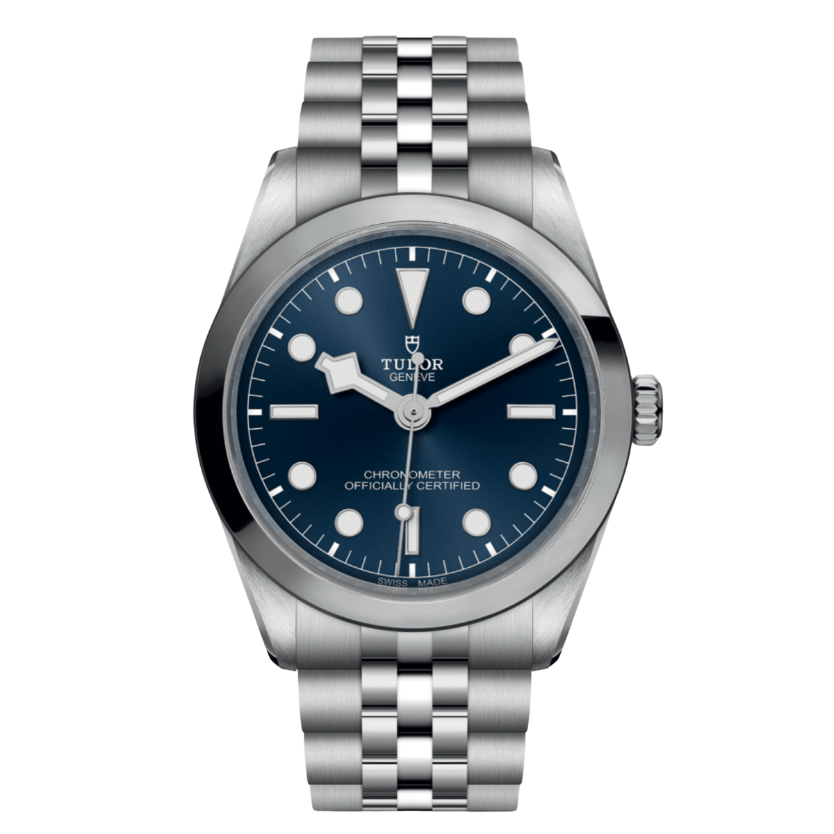 Tudor Black Bay One watch with blue dial, smooth steel bezel and stainless steel bracelet