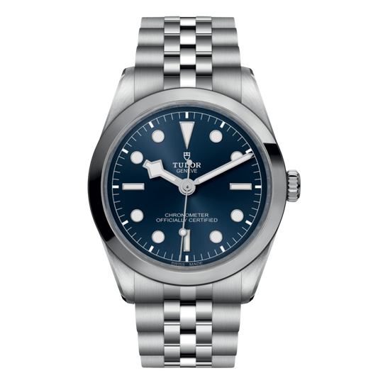 Tudor Black Bay One watch with blue dial, smooth steel bezel and stainless steel bracelet