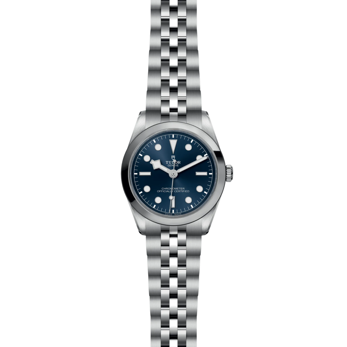 full view of Tudor Black Bay One watch showing the complete stainless steel bracelet and balanced case proportions