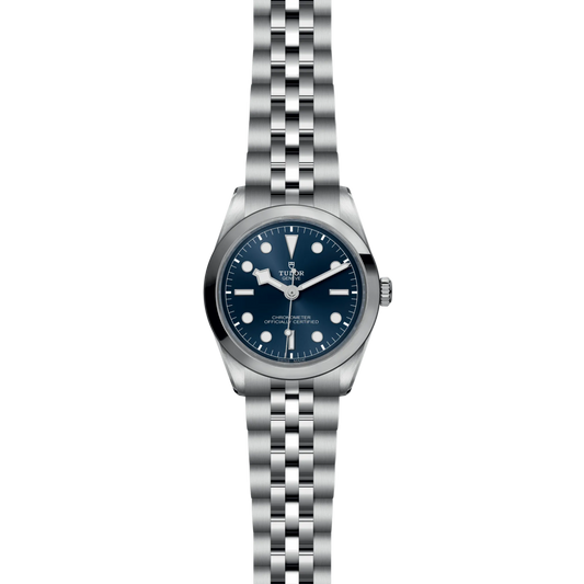full view of Tudor Black Bay One watch showing the complete stainless steel bracelet and balanced case proportions