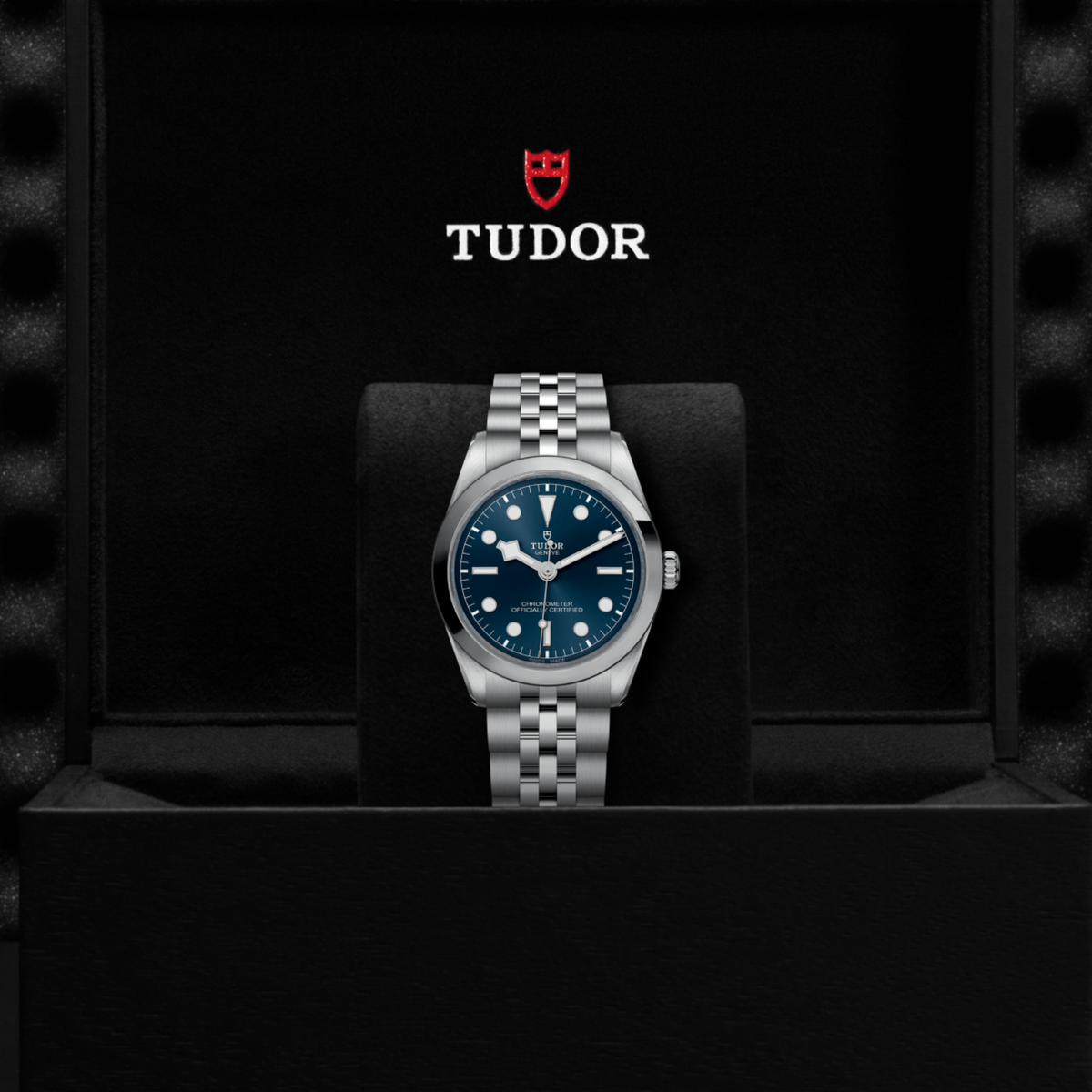Tudor Black Bay One watch displayed in its presentation box showcasing the premium packaging and interior finish