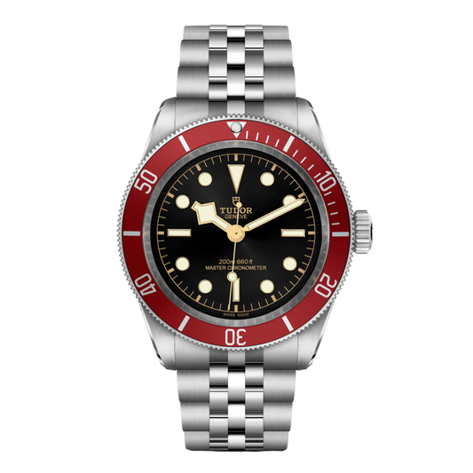 TUDOR Black Bay 41mm automatic watch with black dial, burgundy bezel and stainless steel bracelet