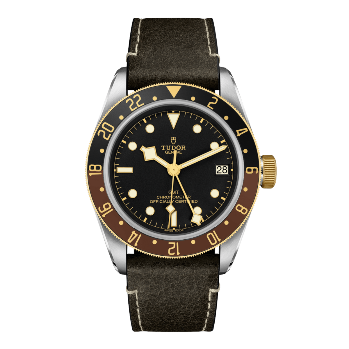 TUDOR Black Bay GMT S&G 41mm automatic watch with black dial and brown leather strap