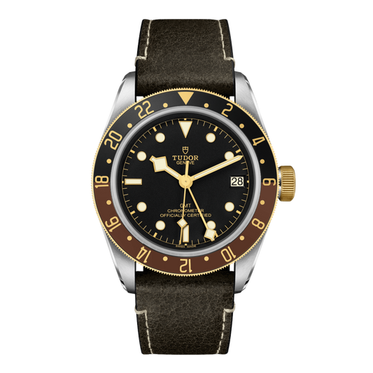 TUDOR Black Bay GMT S&G 41mm automatic watch with black dial and brown leather strap