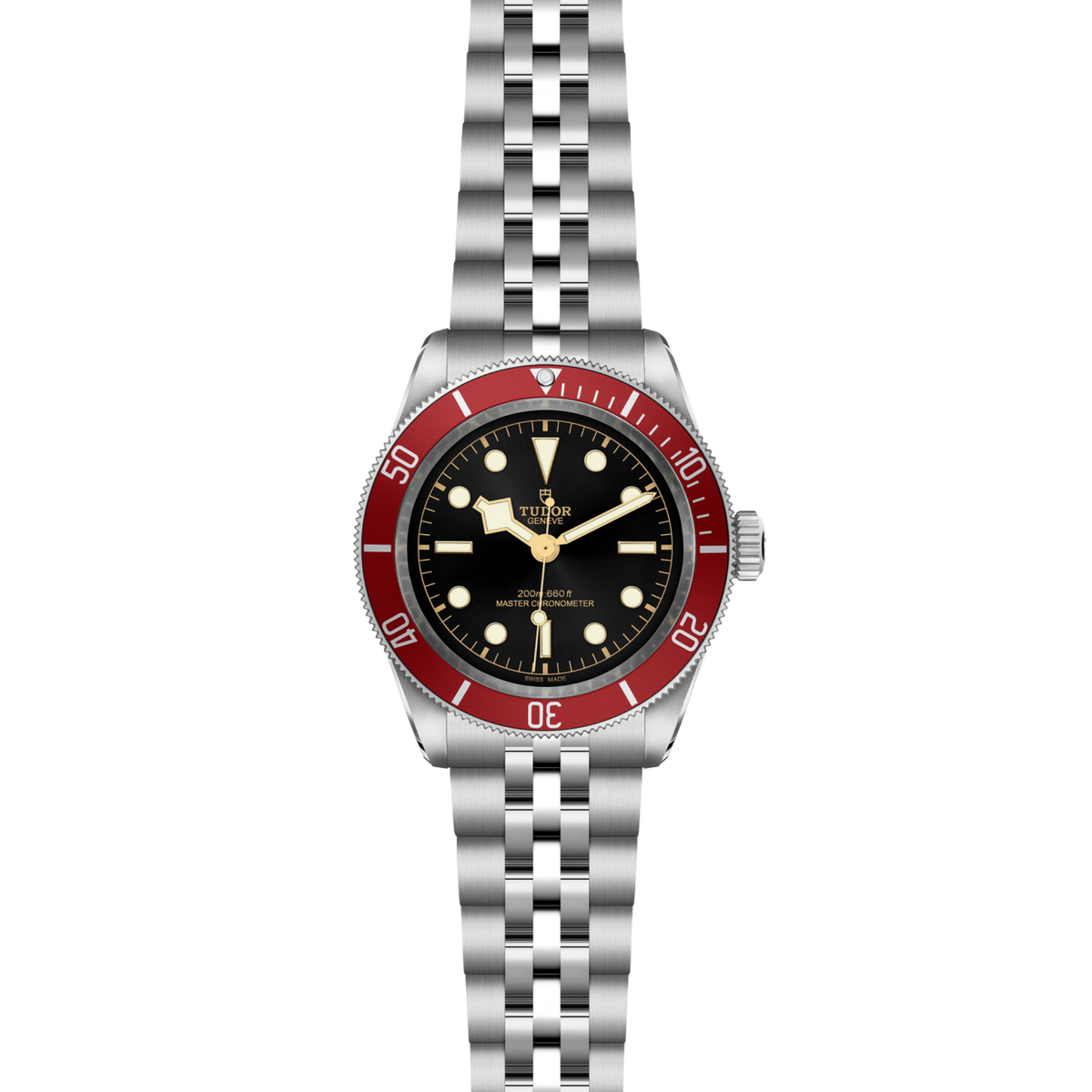 TUDOR Black Bay 41mm watch featuring a black dial, burgundy rotating bezel and steel case