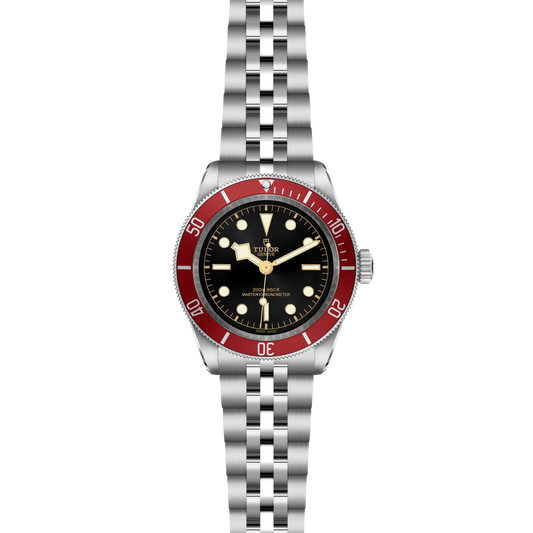 TUDOR Black Bay 41mm watch featuring a black dial, burgundy rotating bezel and steel case