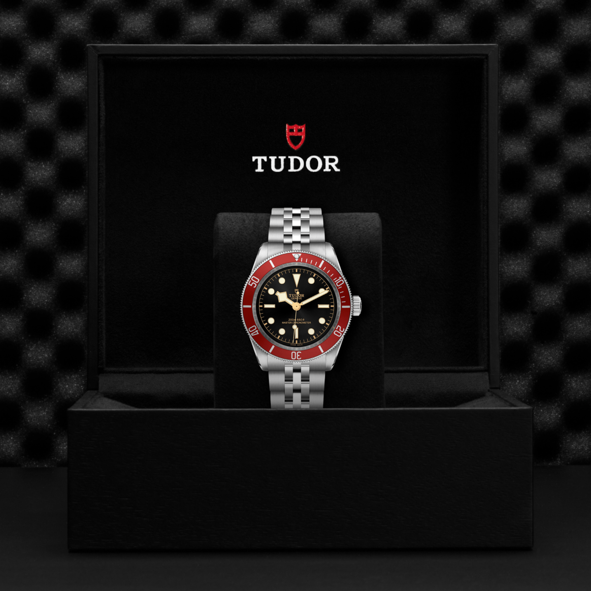 TUDOR Black Bay automatic watch with black dial, burgundy bezel and 5-link stainless steel bracelet