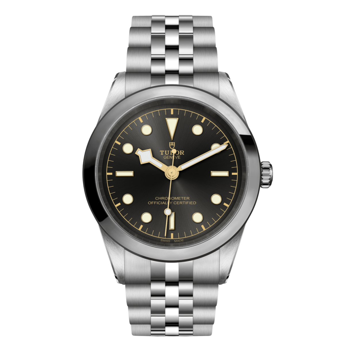Tudor Black Bay One watch with black dial, smooth steel bezel and stainless steel bracelet