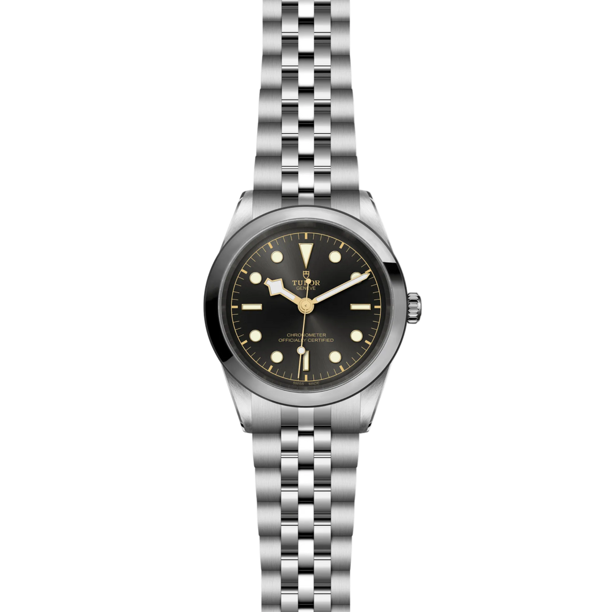 full view of Tudor Black Bay One watch showing the complete stainless steel bracelet and clean, balanced case profile