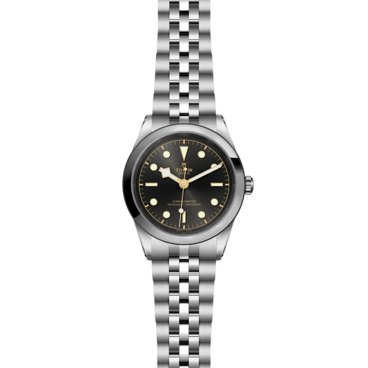 full view of Tudor Black Bay One watch showing the complete stainless steel bracelet and clean, balanced case profile