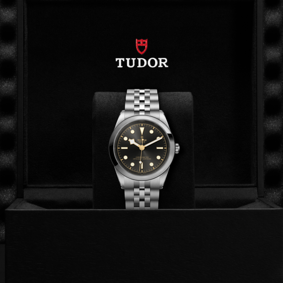 Tudor Black Bay One watch displayed in its presentation box showcasing the premium packaging and interior finish