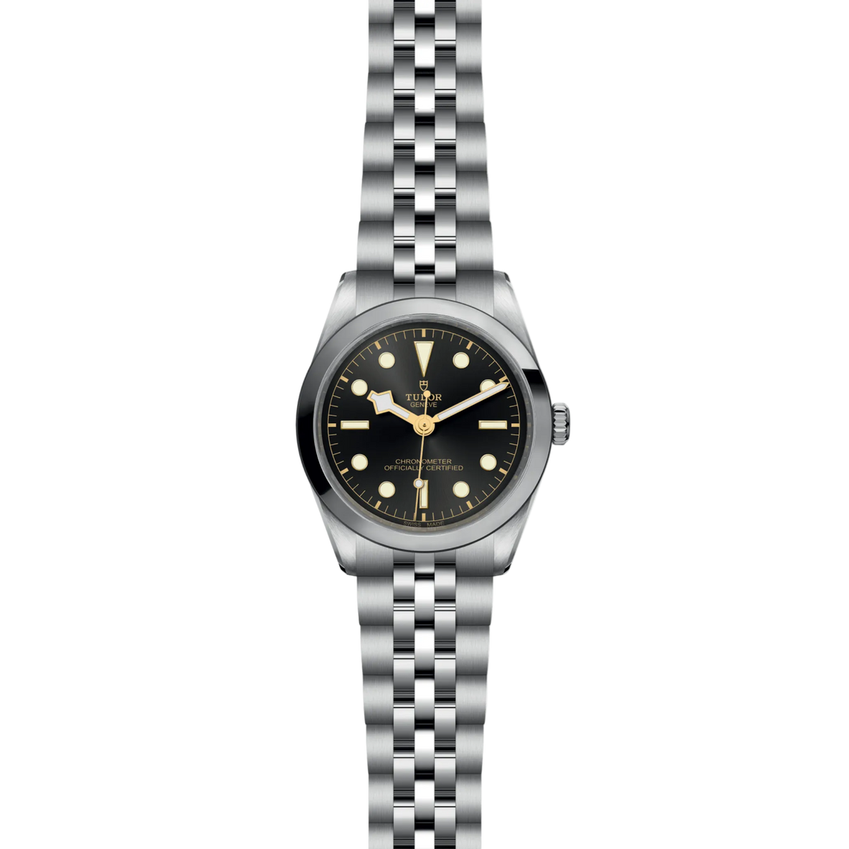 Silver watch with black dial on a white background