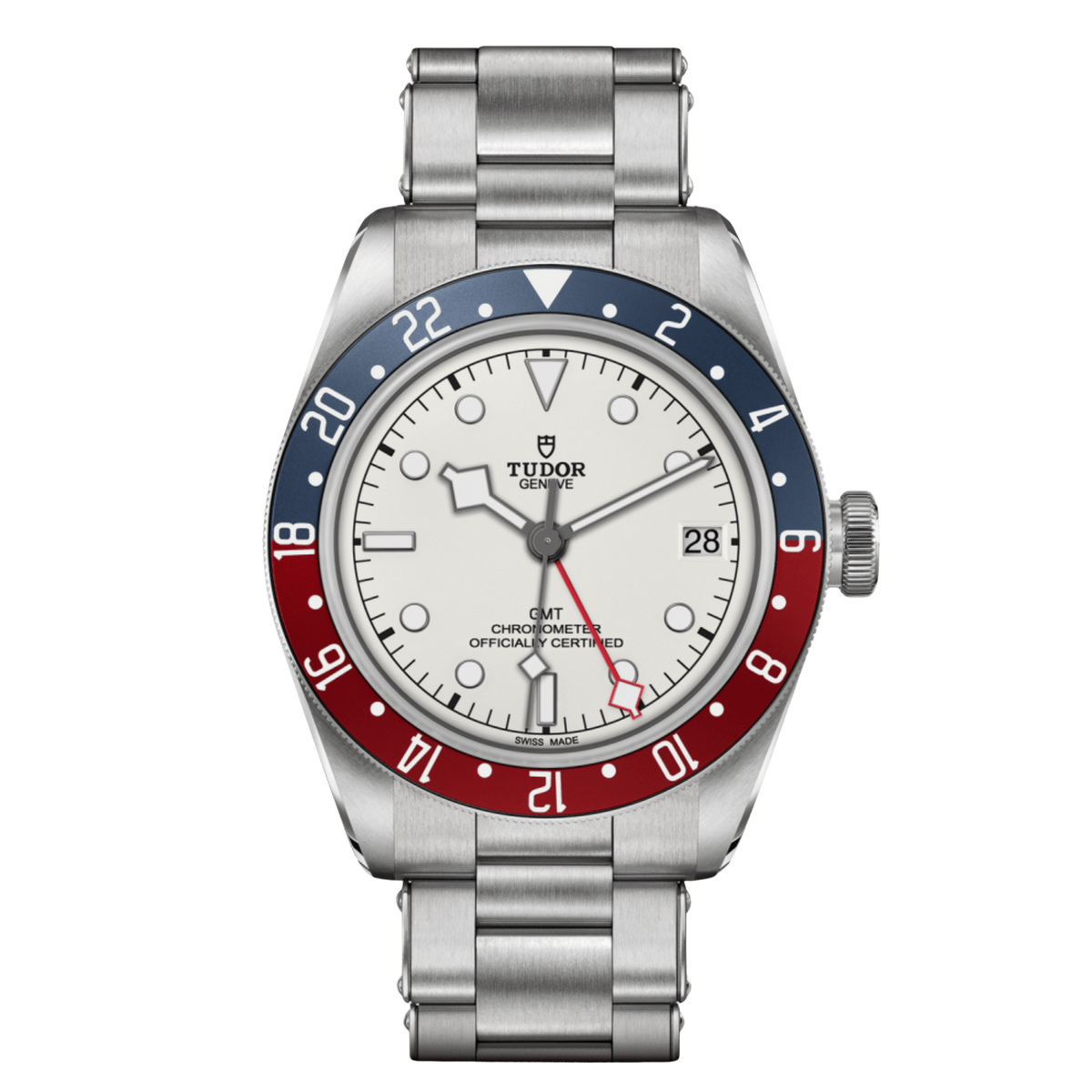 Tudor Black Bay GMT watch with opaline (white) dial, blue and red “Pepsi” bezel and stainless steel bracelet