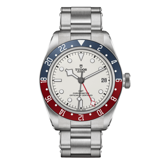 Tudor Black Bay GMT watch with opaline (white) dial, blue and red “Pepsi” bezel and stainless steel bracelet