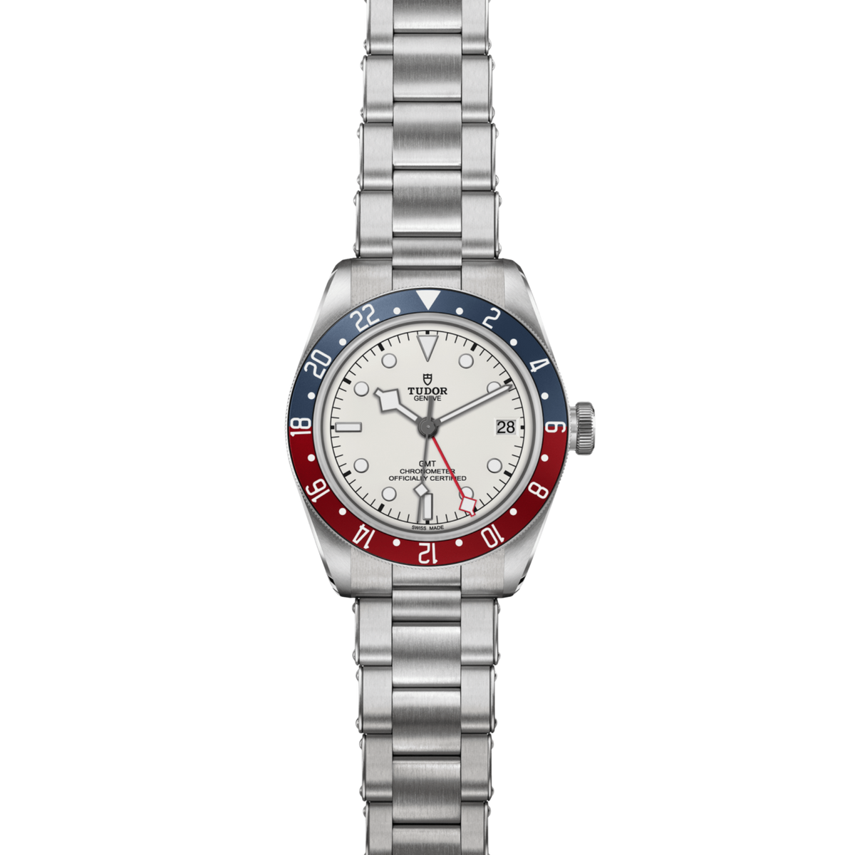 full view of Tudor Black Bay GMT highlighting the brushed steel bracelet and balanced 41mm case proportions
