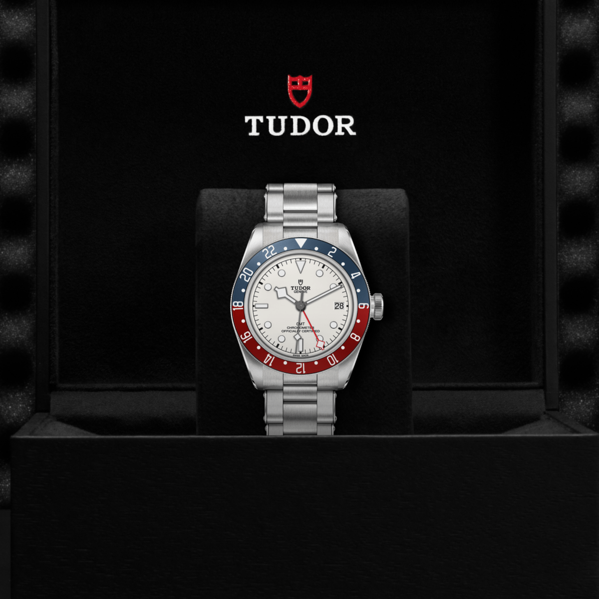 detailed view of the bi-colour 24-hour bezel in blue and burgundy, designed for tracking multiple time zones