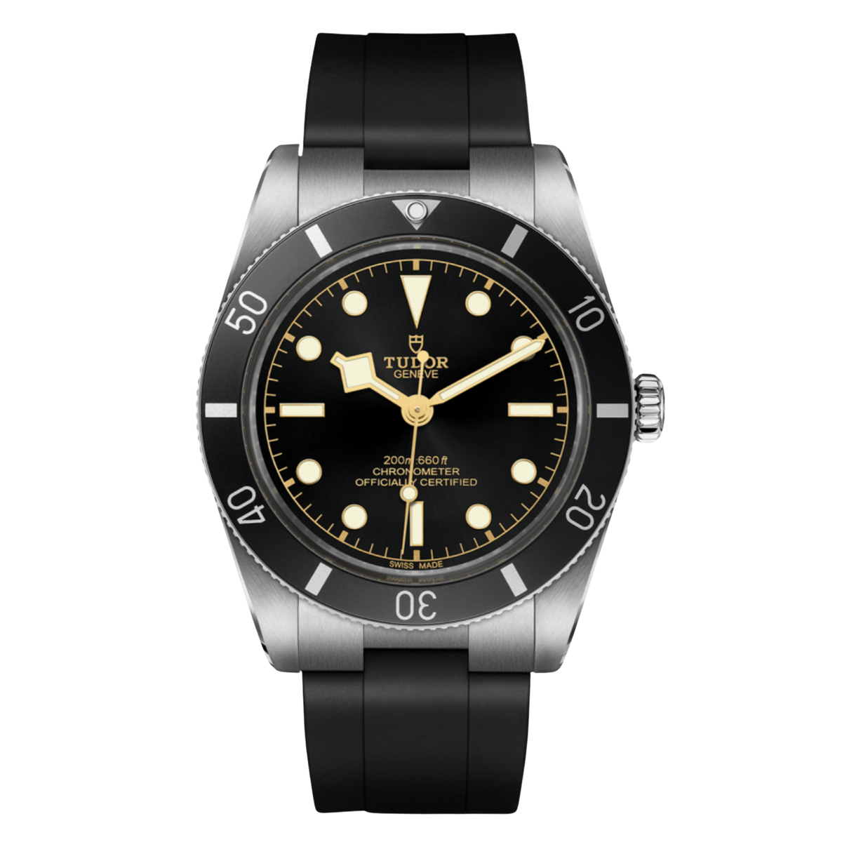 Tudor stainless steel dive watch with black dial, gold-tone accents, luminous hour markers and black unidirectional bezel on rubber strap