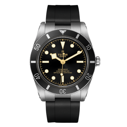 Tudor stainless steel dive watch with black dial, gold-tone accents, luminous hour markers and black unidirectional bezel on rubber strap