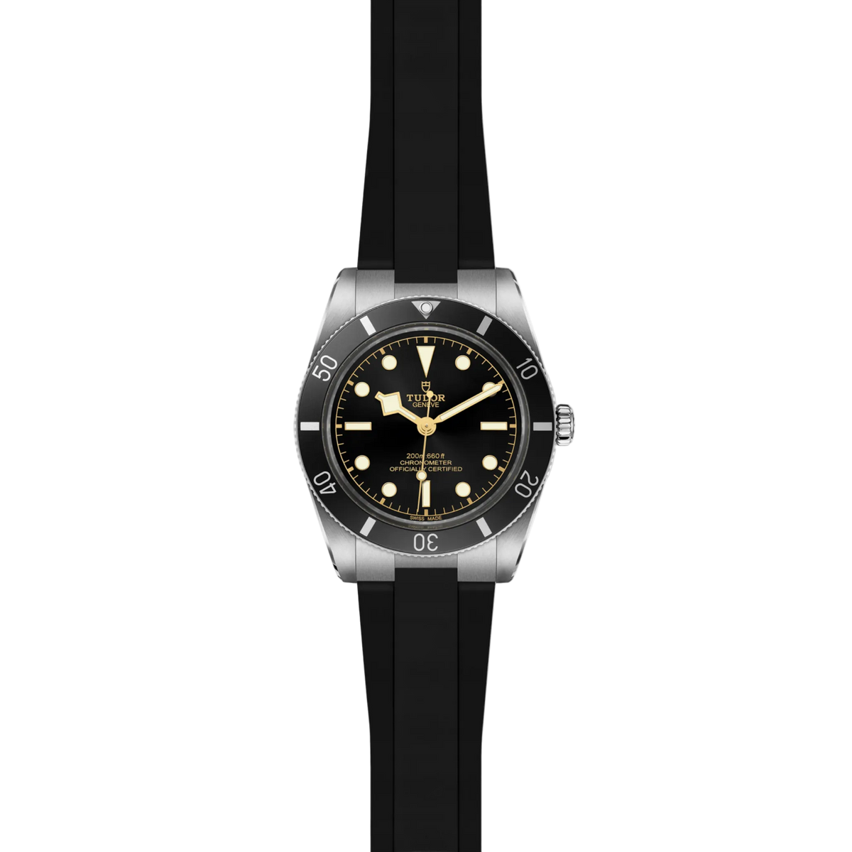 full view of Tudor watch showing the complete black rubber strap and robust case profile
