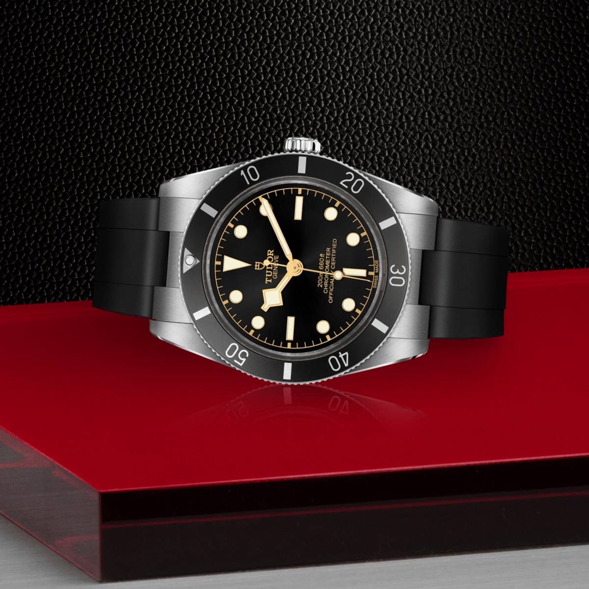 Tudor watch positioned on its side highlighting the case thickness, black bezel edge and screw-down crown detail