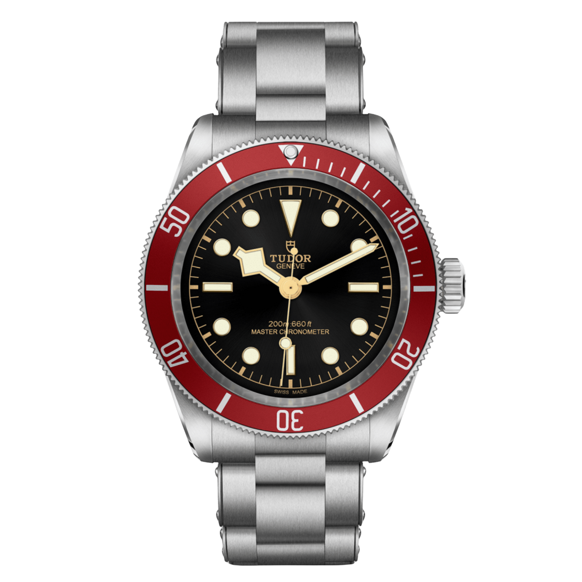 Tudor dive watch with black dial, red bezel, gold-tone accents and stainless steel bracelet