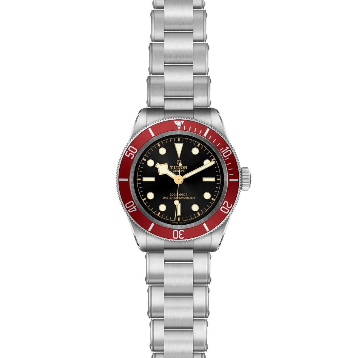 full view of Tudor dive watch showing the complete stainless steel bracelet and bold, sporty case profile