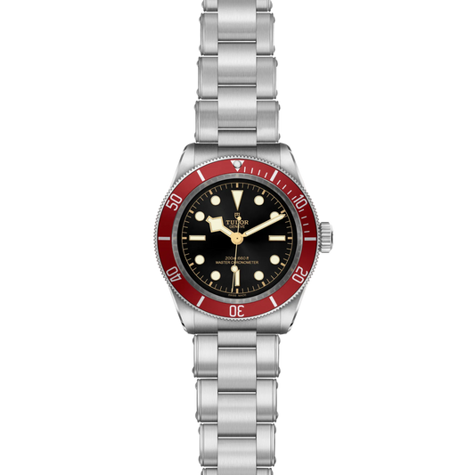 full view of Tudor dive watch showing the complete stainless steel bracelet and bold, sporty case profile