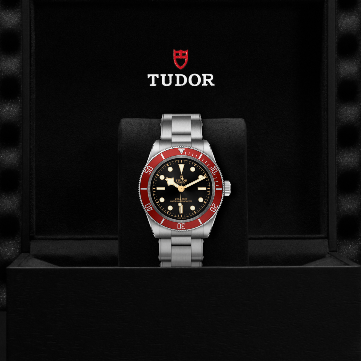 Tudor dive watch displayed in its presentation box showcasing the premium packaging and interior finish