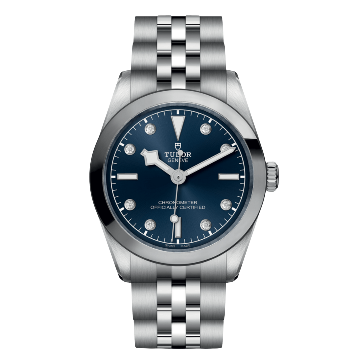 Tudor Black Bay One watch with blue diamond-set dial, smooth steel bezel and stainless steel bracelet